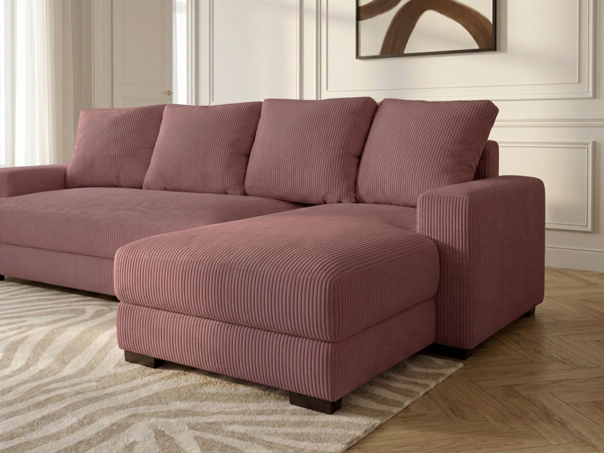Bobochic Campi Ecksofa mit Schlaffunktion und Bettkasten Cordsamt Rosa Ecke rechts