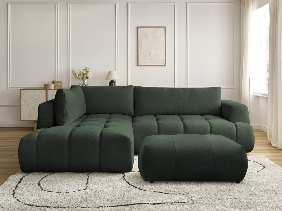 Bobochic Fuji Ecksofa mit Schlaffunktion und Bettkasten und Pouf 282 × 204 cm Stoff Grün Ecke links