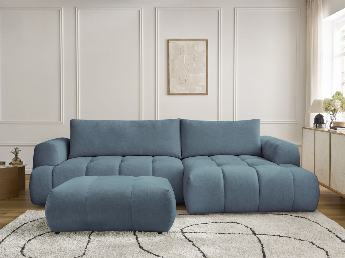 Bobochic Fuji Ecksofa mit Schlaffunktion und Bettkasten und Pouf 292 × 160 cm Stoff Hellblau Ecke rechts