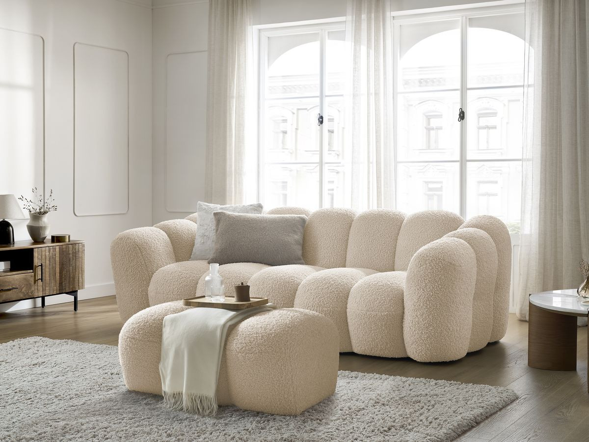 Bobochic Hippolyte Sofa 3-Sitzer mit Pouf Bouclé-Stoff Beige