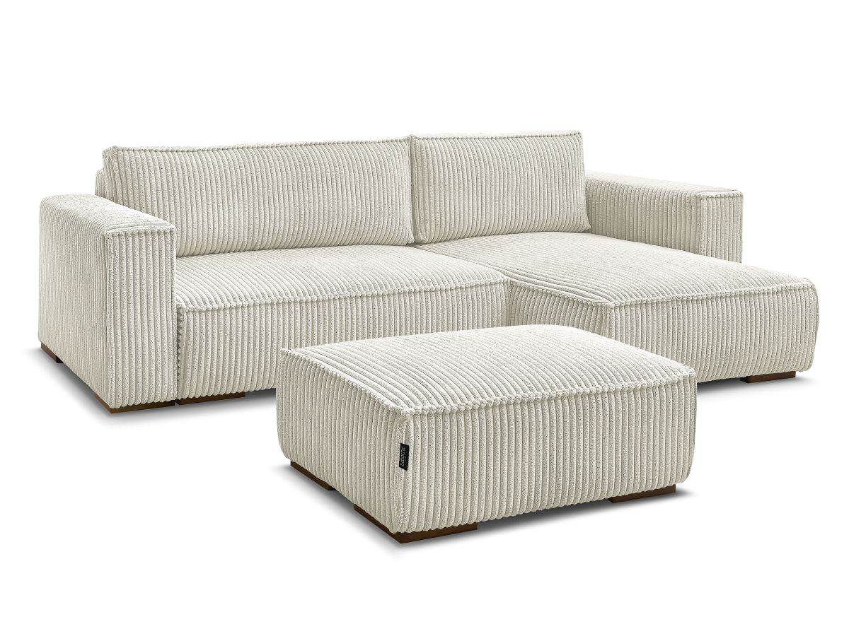 Bobochic Chelsea Ecksofa mit Schlaffunktion und Bettkasten und Pouf Breitcord weich Beige