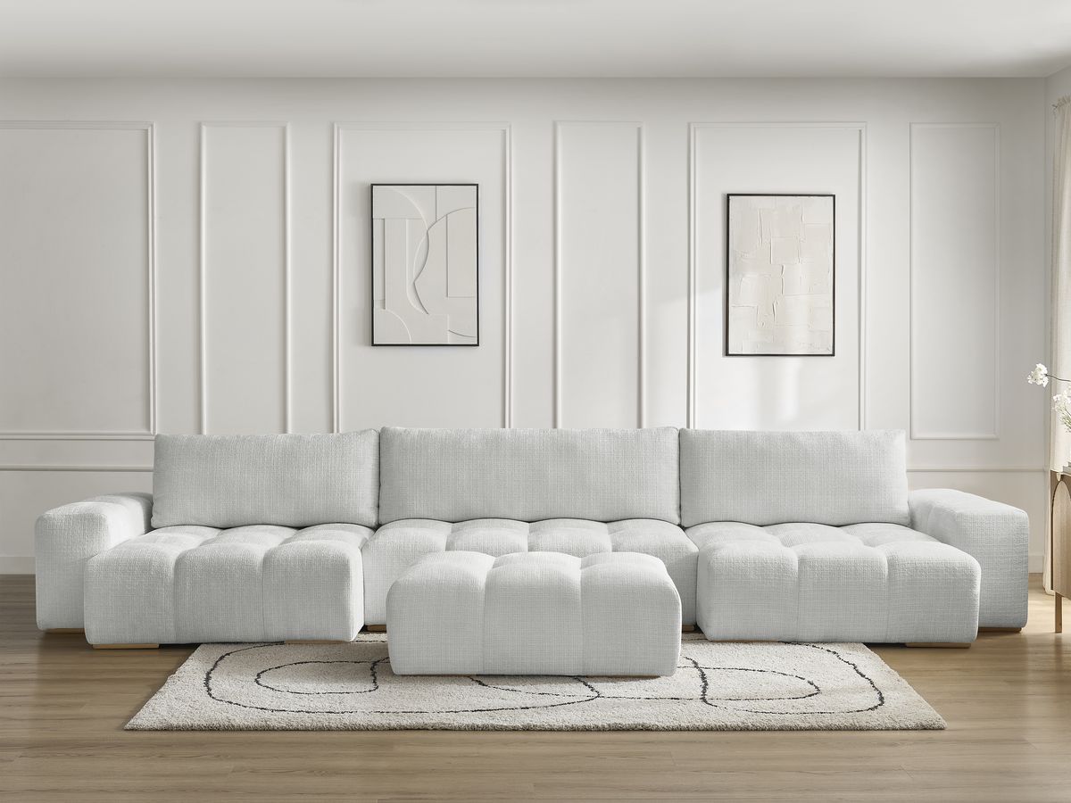 Bobochic Anakin Wohnlandschaft mit Pouf, Liegefläche 137 × 382 cm, 3 Kissen Strukturstoff Hellgrau