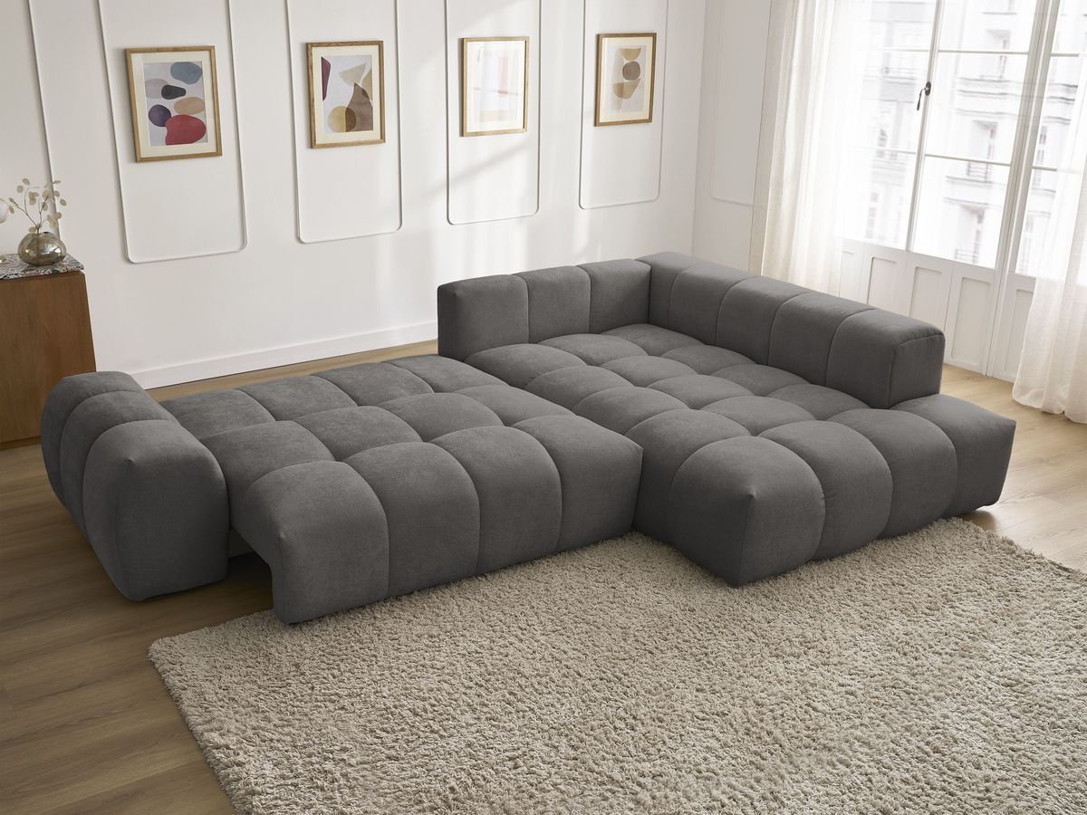 Bobochic Everest Ecksofa mit Schlaffunktion und Bettkasten 320 × 212 cm, 5 Kissen Strukturstoff Dunkelgrau Ecke rechts
