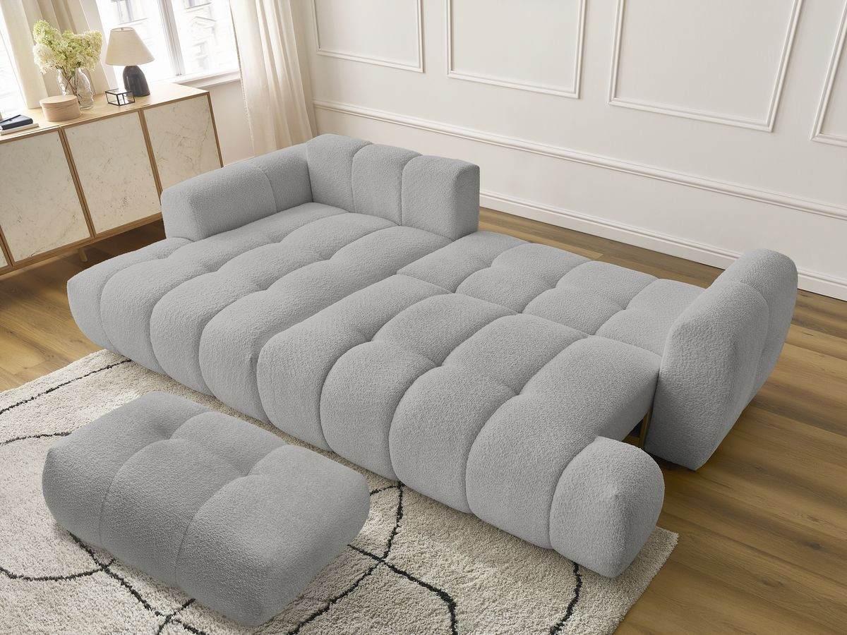 Bobochic Fuji Ecksofa mit Schlaffunktion und Bettkasten und Pouf 292 × 160 cm Bouclé-Stoff Hellgrau Ecke links