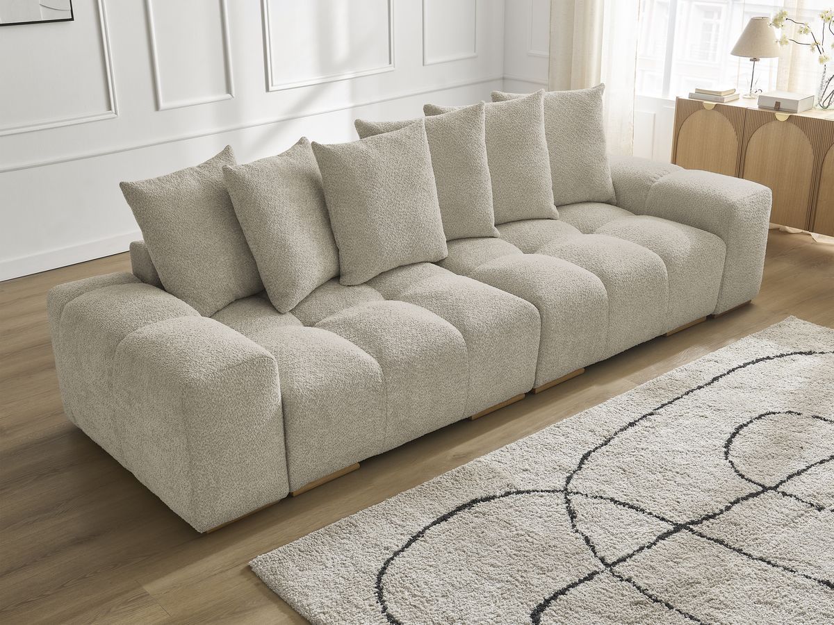 Bobochic Anakin Sofa 3-Sitzer, 6 Kissen Bouclé-Stoff Beige