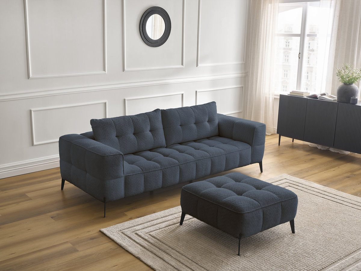 Bobochic Anis Sofa 3-Sitzer mit Pouf Bouclé-Stoff Dunkelblau