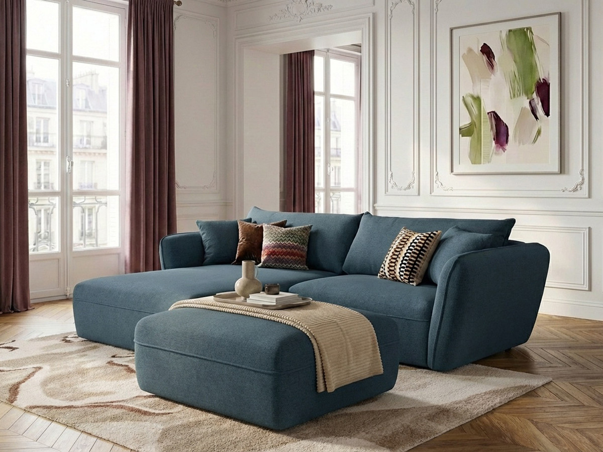 Bobochic Luigi Ecksofa mit Pouf Strukturstoff Blau Ecke links