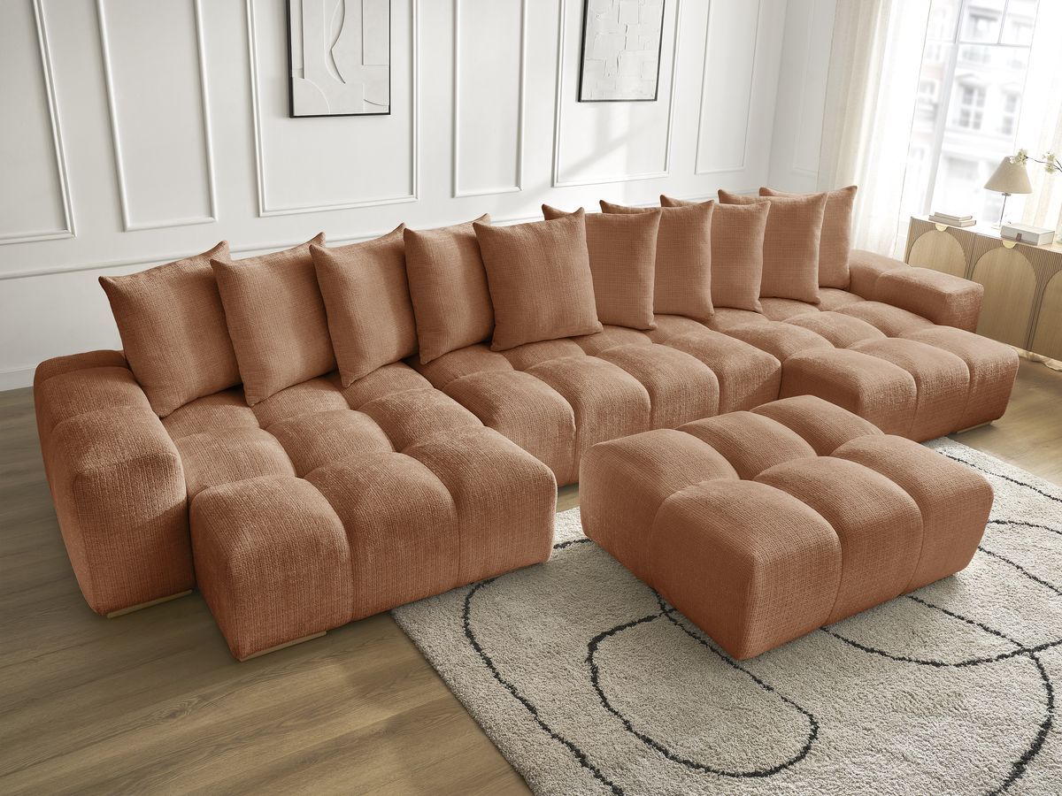 Bobochic Anakin Wohnlandschaft mit Pouf, 10 Kissen Strukturstoff Orange