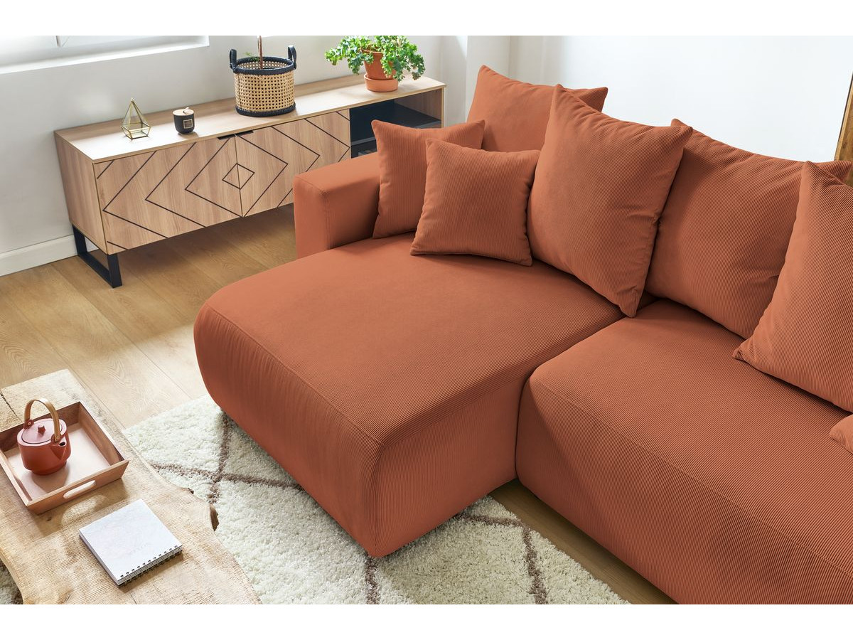 Bobochic Envy Ecksofa mit Schlaffunktion und Bettkasten und Pouf Cordsamt Orange