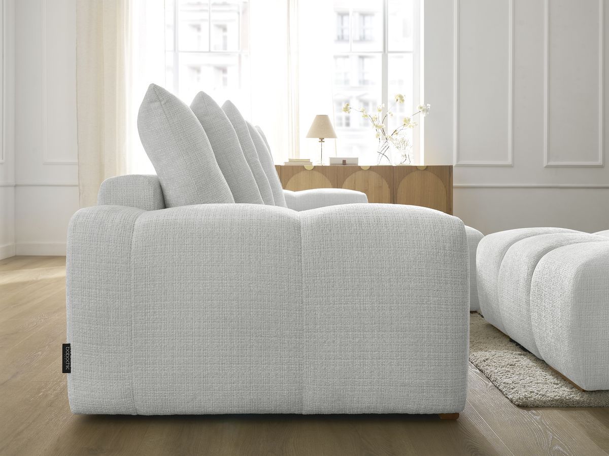 Bobochic Anakin Ecksofa mit Schlaffunktion und Bettkasten und Pouf, 6 Kissen Strukturstoff Hellgrau