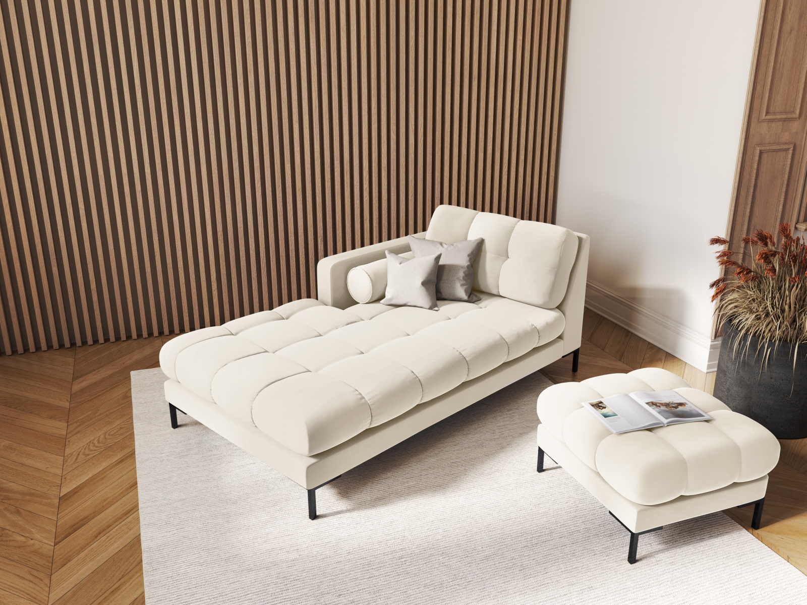Cosmopolitan Design Chaiselongue Bali Samt Bluvel Helles Beige Links Beine Schwarzes Metall