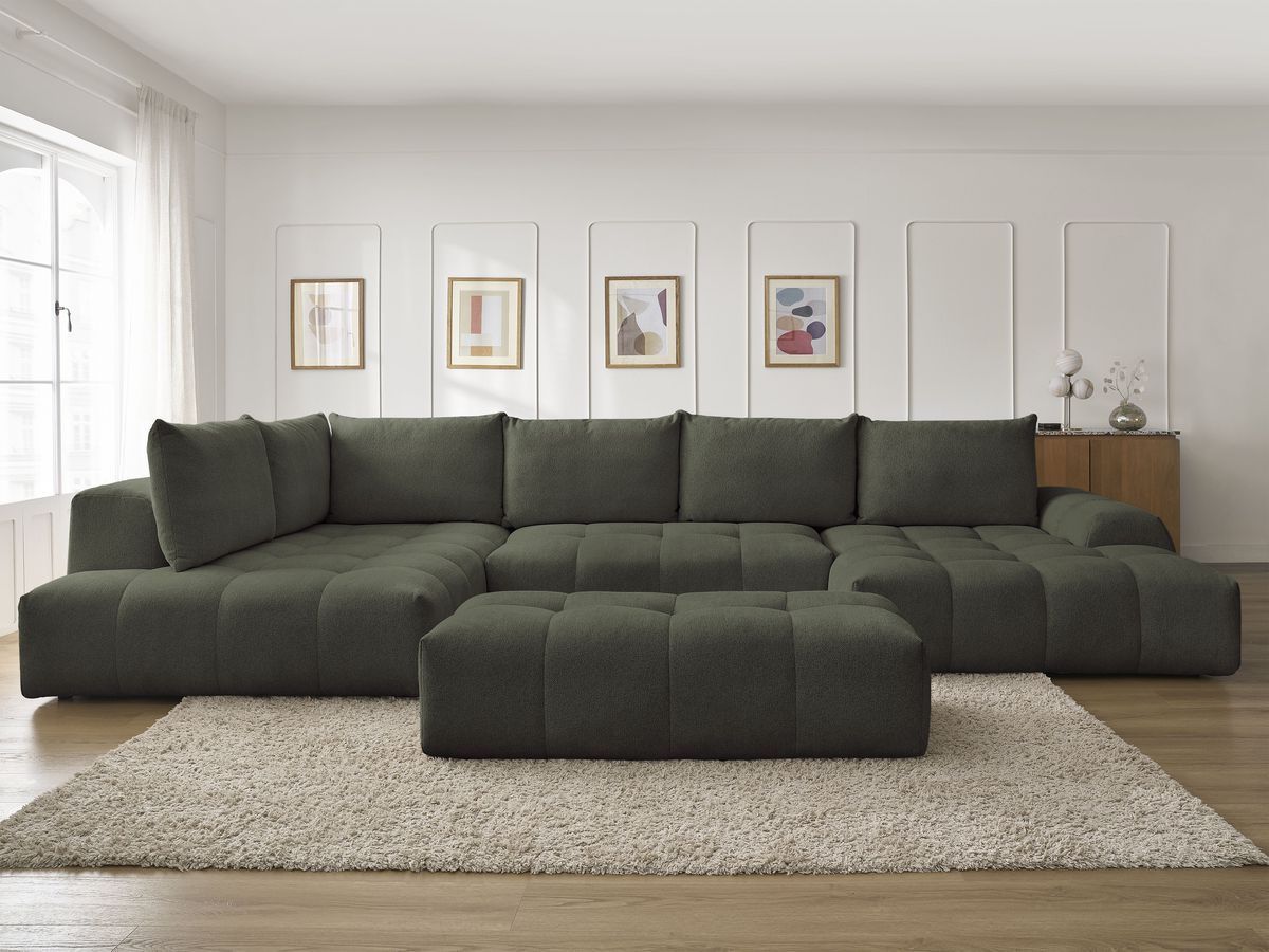 Bobochic Everest Wohnlandschaft mit Pouf, 6 Kissen Melange-Stoff Grün Ecke rechts