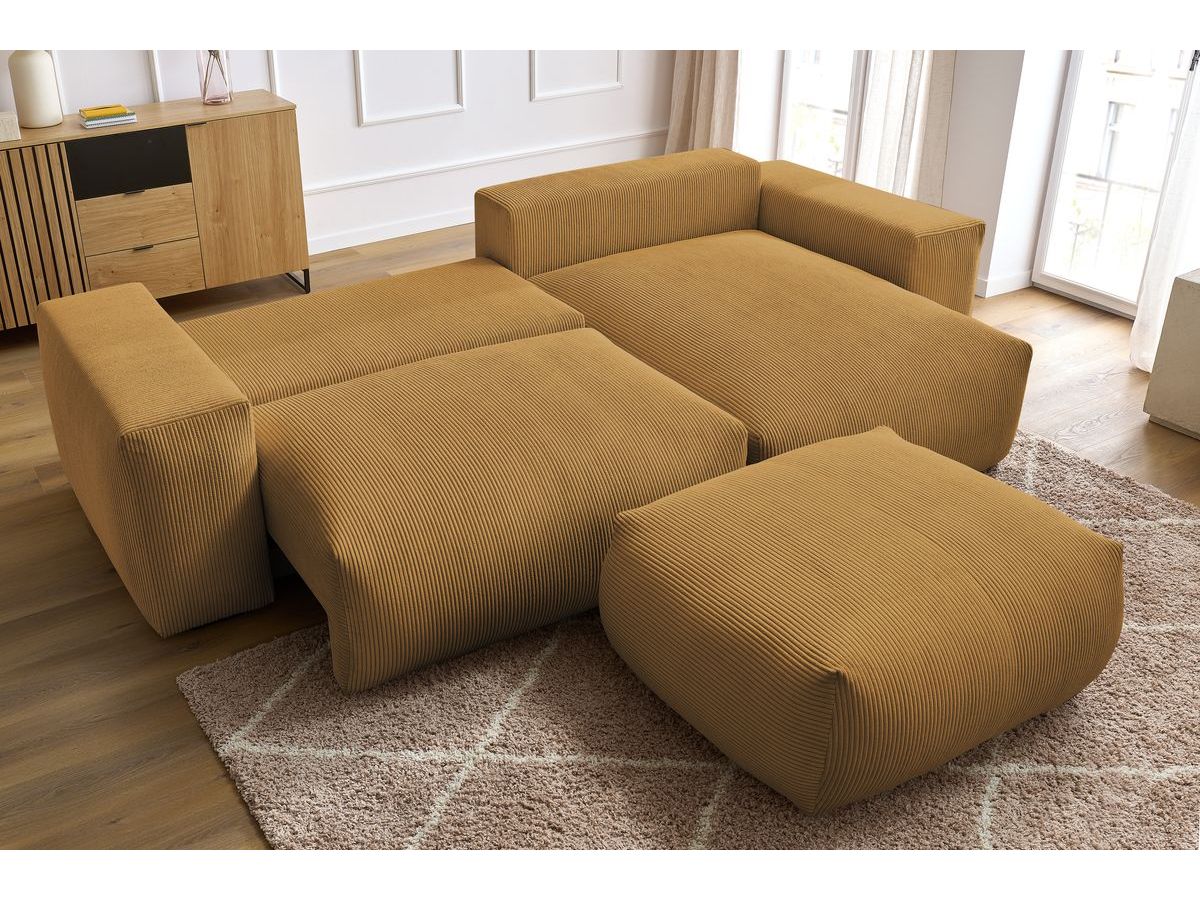 Bobochic Voltaire Ecksofa mit Schlaffunktion und Bettkasten und Pouf Cordsamt Gelb