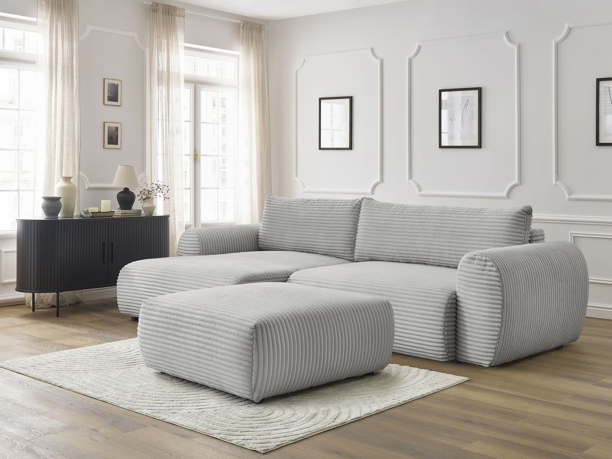 Bobochic Lucien Ecksofa mit Schlaffunktion und Bettkasten und Pouf 314 × 167 cm Breitcord weich Hellgrau Ecke links
