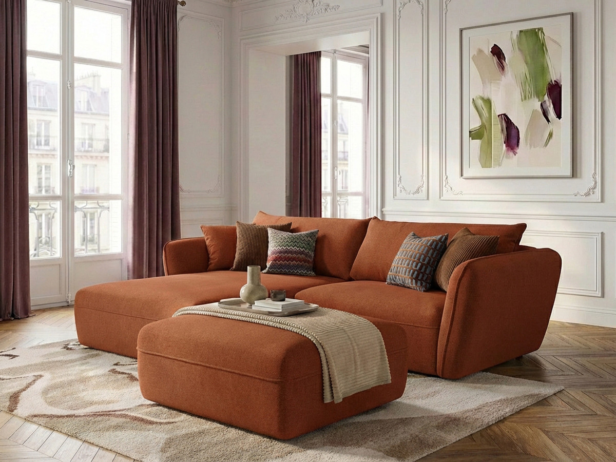 Bobochic Luigi Ecksofa mit Pouf Strukturstoff Orange Ecke links