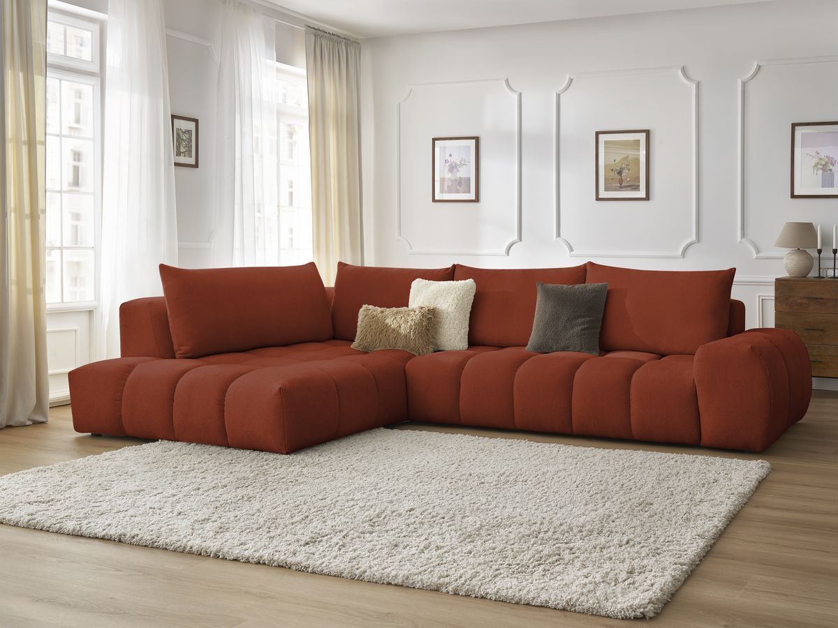 Bobochic Everest Ecksofa, 4 Kissen Strukturstoff Orange Ecke links
