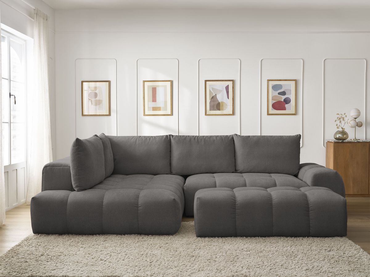 Bobochic Everest Ecksofa mit Schlaffunktion und Bettkasten und Pouf 320 × 212 cm, 5 Kissen Strukturstoff Dunkelgrau Ecke links