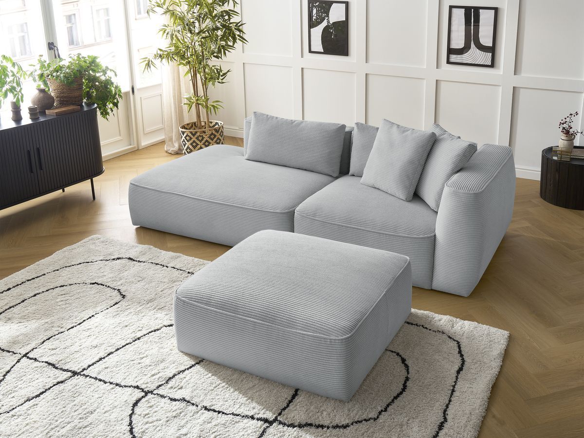 Bobochic Leopold Sofa 4-Sitzer mit Pouf Cordsamt Hellgrau Armlehne rechts