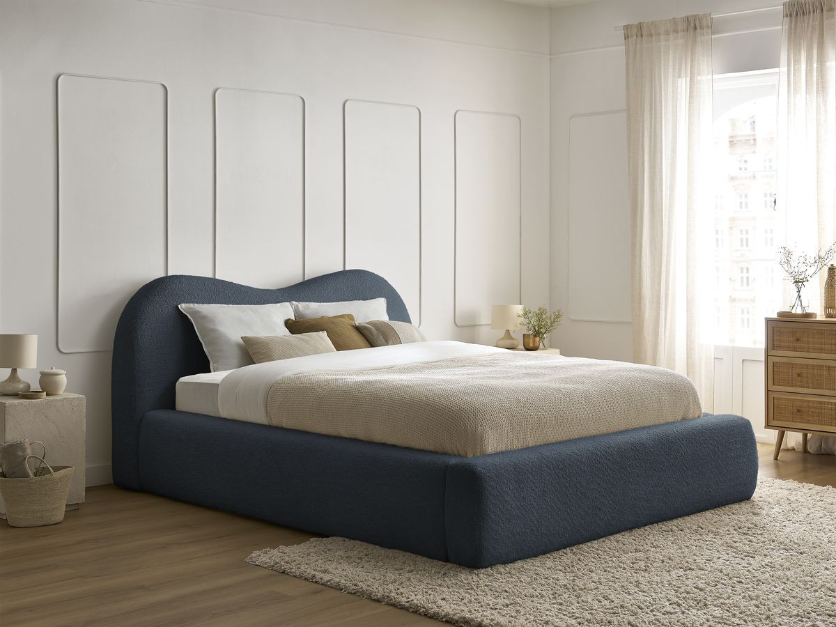 Bobochic Orlane Polsterbett mit Bettkasten Bouclé-Stoff Dunkelblau, Liegefläche 140 × 190 cm