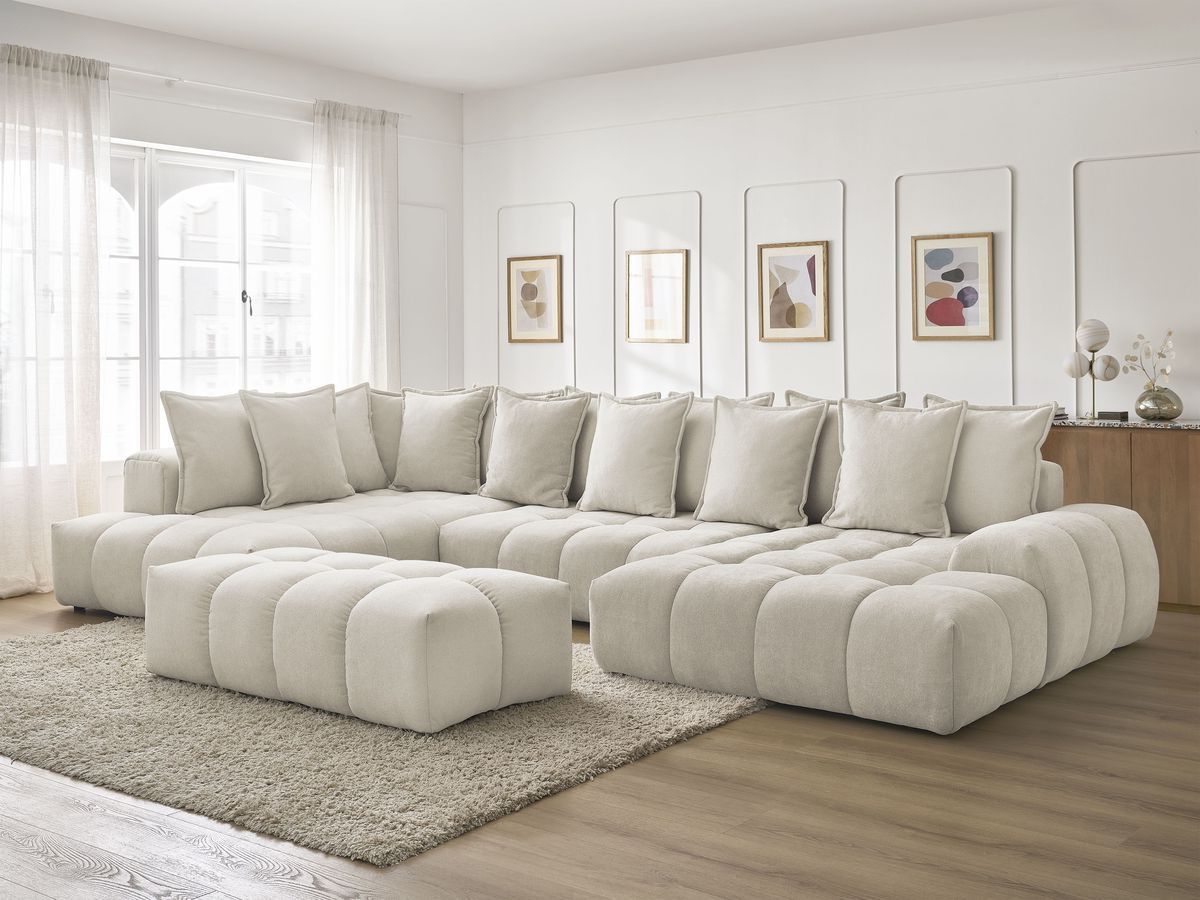 Bobochic Everest Wohnlandschaft mit Pouf, 14 Kissen Strukturstoff Beige Ecke rechts