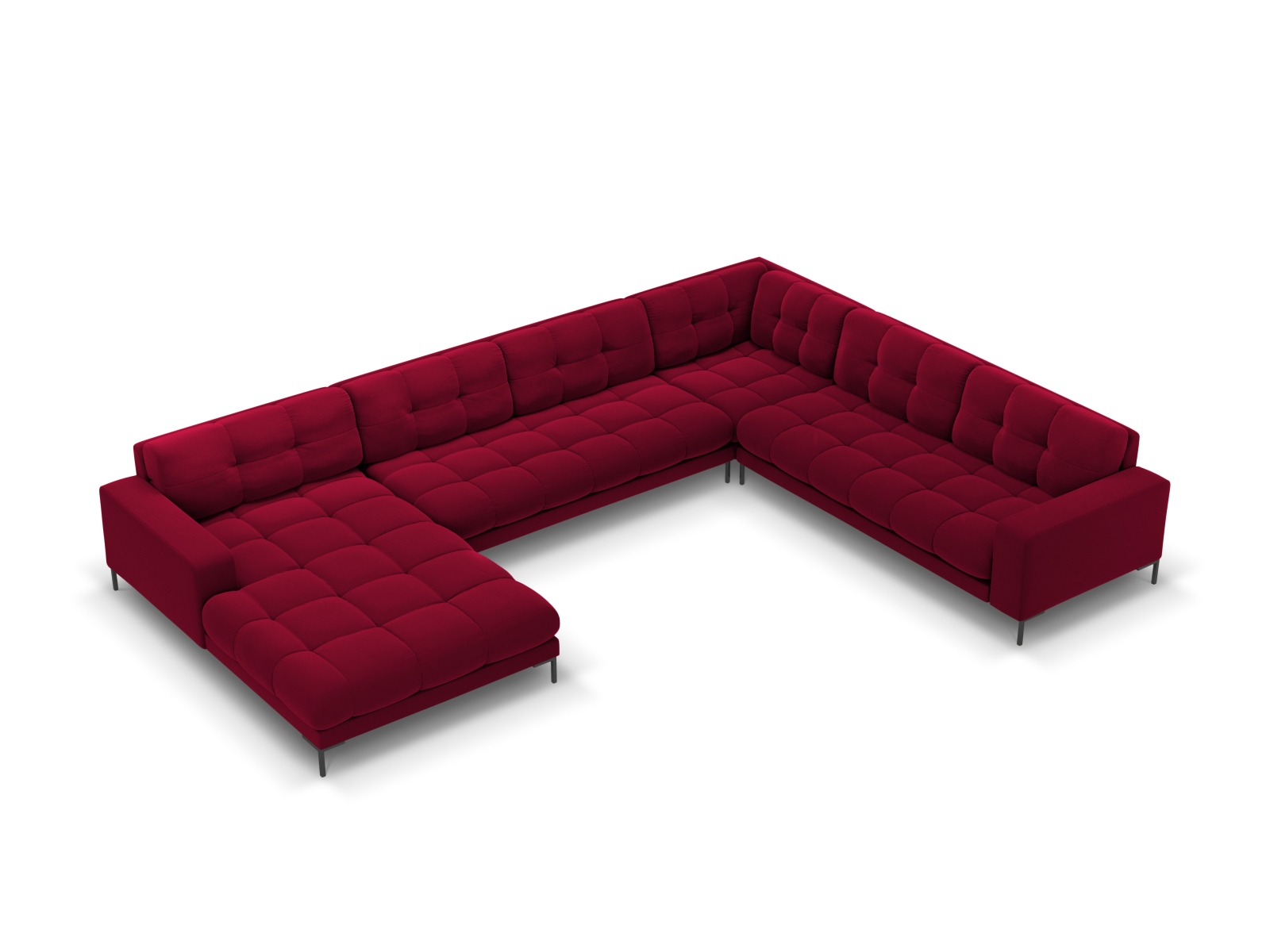 Cosmopolitan Design Panoramasofa Bali 7-Sitzer 327 cm Samt Bluvel Rot Rechts Beine Schwarzes Metall