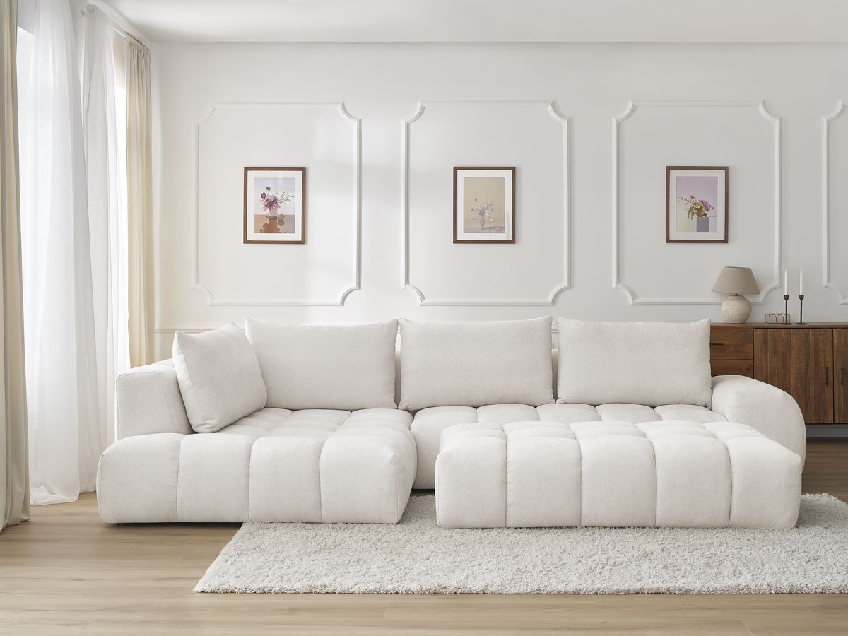 Bobochic Everest Ecksofa mit Schlaffunktion und Pouf, 4 Kissen Strukturstoff Weiß Ecke links
