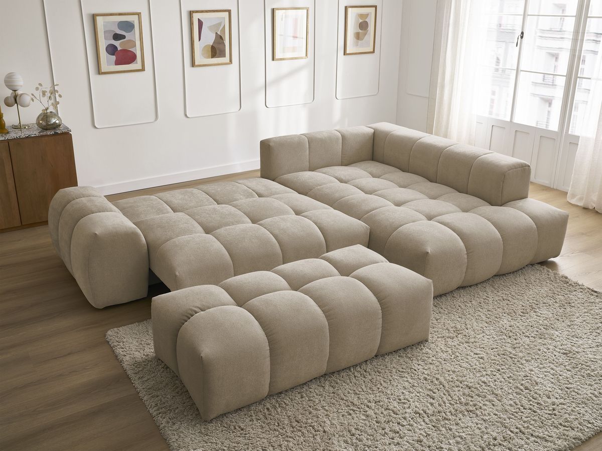 Bobochic Everest Ecksofa mit Schlaffunktion und Bettkasten und Pouf 320 × 212 cm, 5 Kissen Strukturstoff Taupe Ecke rechts