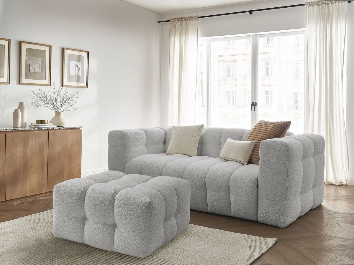 Bobochic Cloud Schlafsofa 3-Sitzer mit Pouf Bouclé-Stoff Hellgrau
