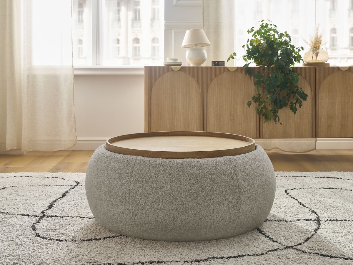 Bobochic Hayden Pouf mit Tablett, rund Bouclé-Stoff Taupe, 87 cm