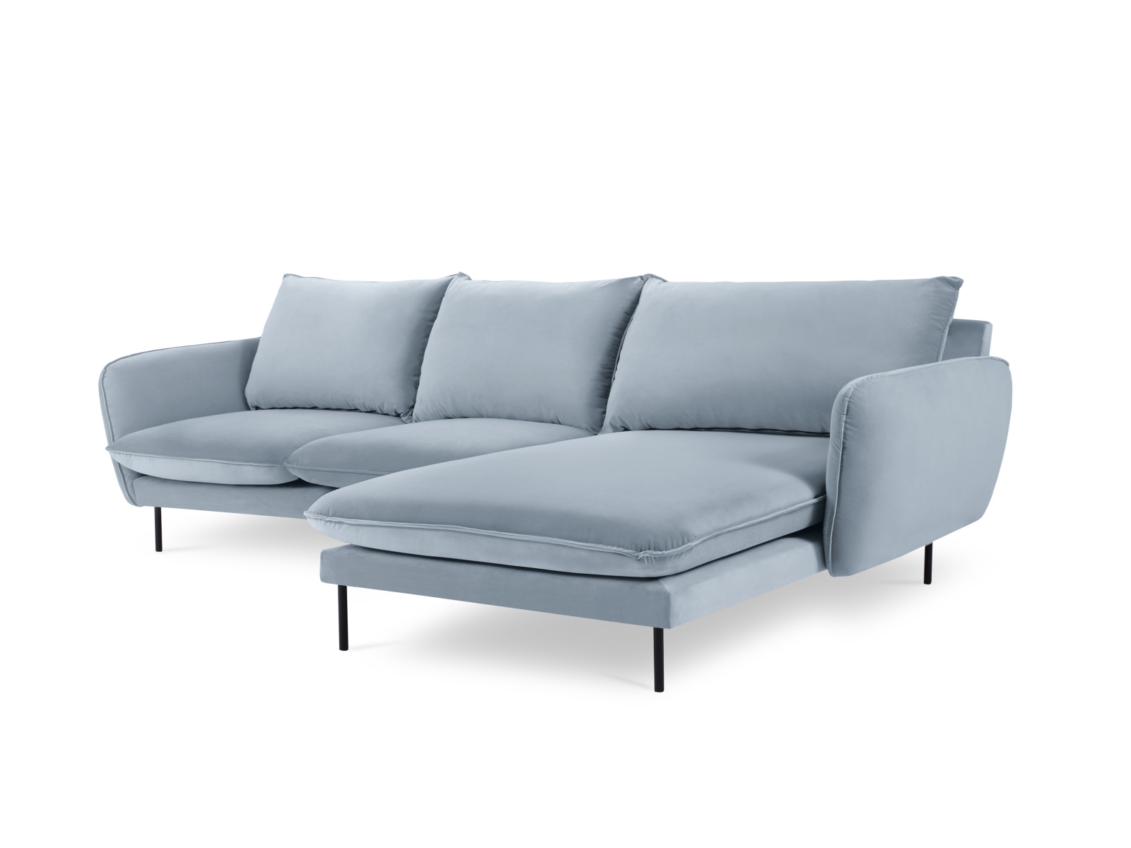Cosmopolitan Design Ecksofa Vienna 5-Sitzer Samt Bluvel Hellblau Rechts Beine Schwarzes Metall