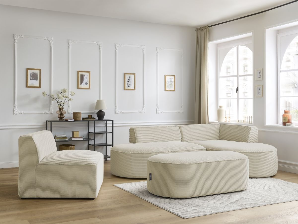 Bobochic Rousseau Ecksofa mit Sofamodul und Pouf Cordsamt Beige Ecke rechts