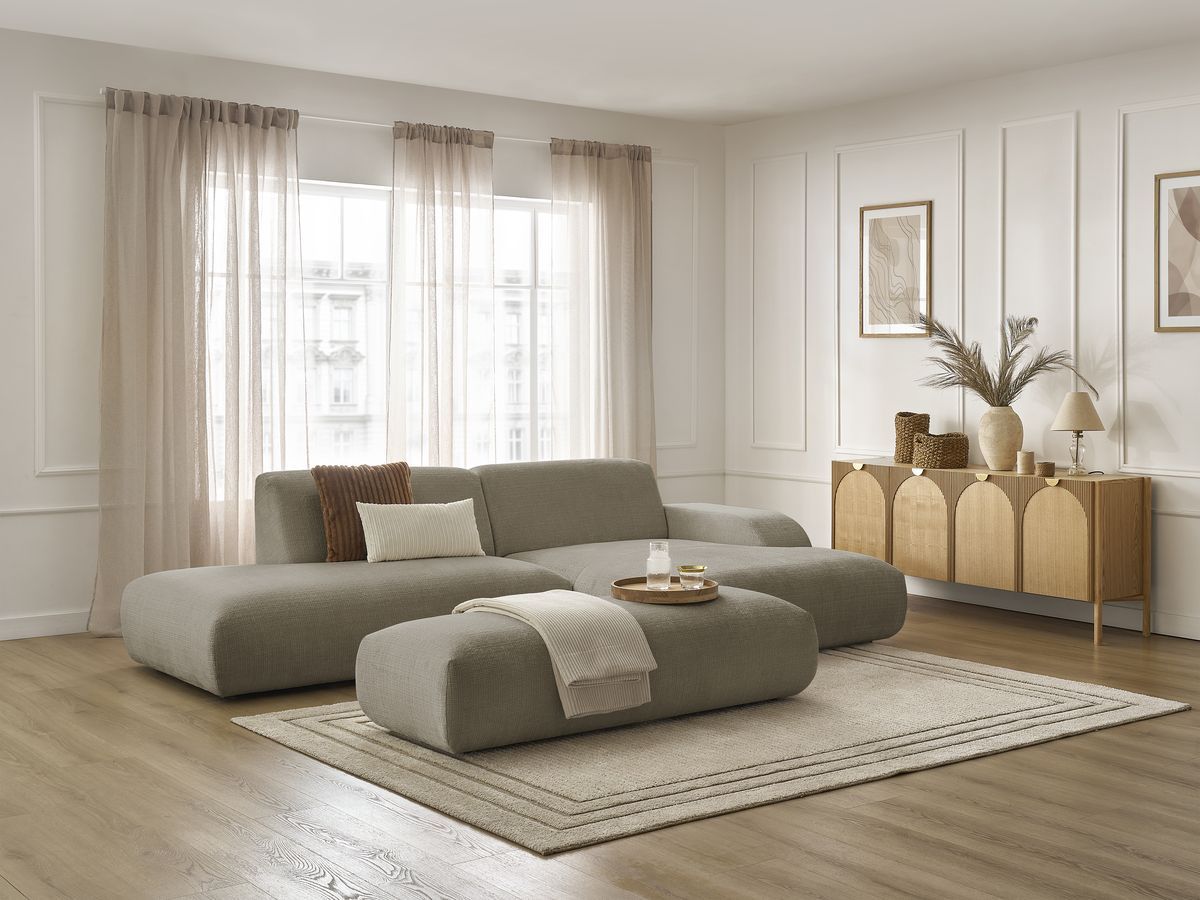 Bobochic Sirius Ecksofa mit Pouf 300 × 170 cm Strukturstoff Taupe Ecke rechts