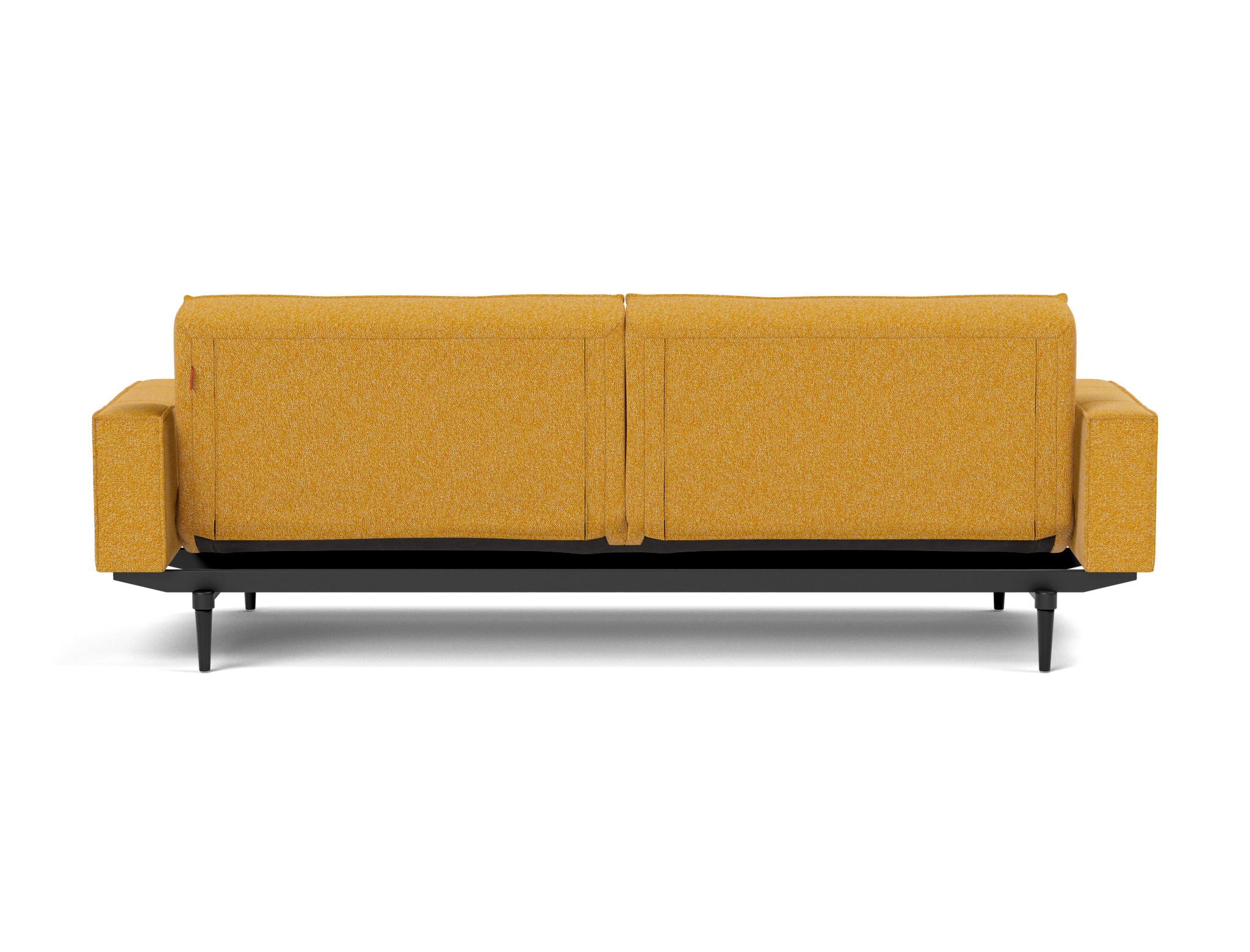 Schlafsofa Splitback mit Armlehnen Boucle Skandi 536-Ochre Beine Styletto Eiche schwarz