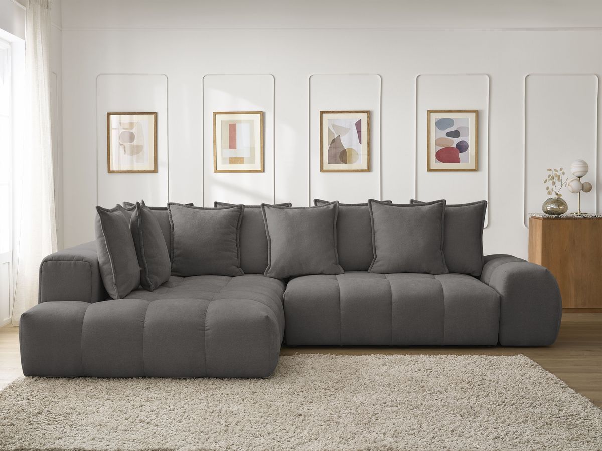 Bobochic Everest Ecksofa mit Schlaffunktion und Bettkasten 320 × 212 cm, 10 Kissen Strukturstoff Dunkelgrau Ecke links