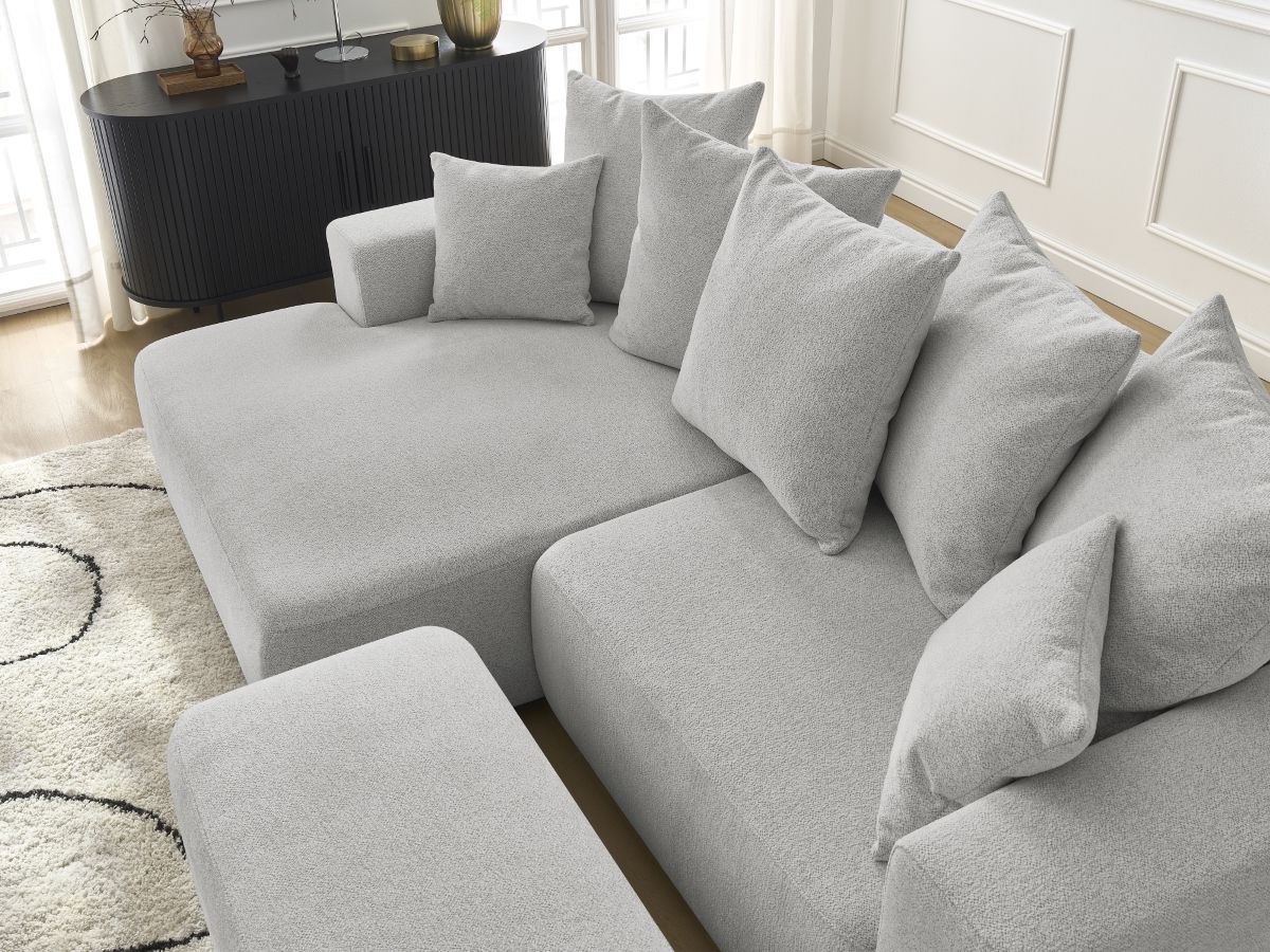 Bobochic Atilla Ecksofa mit Schlaffunktion und Bettkasten und Pouf Melange-Stoff Hellgrau Ecke links