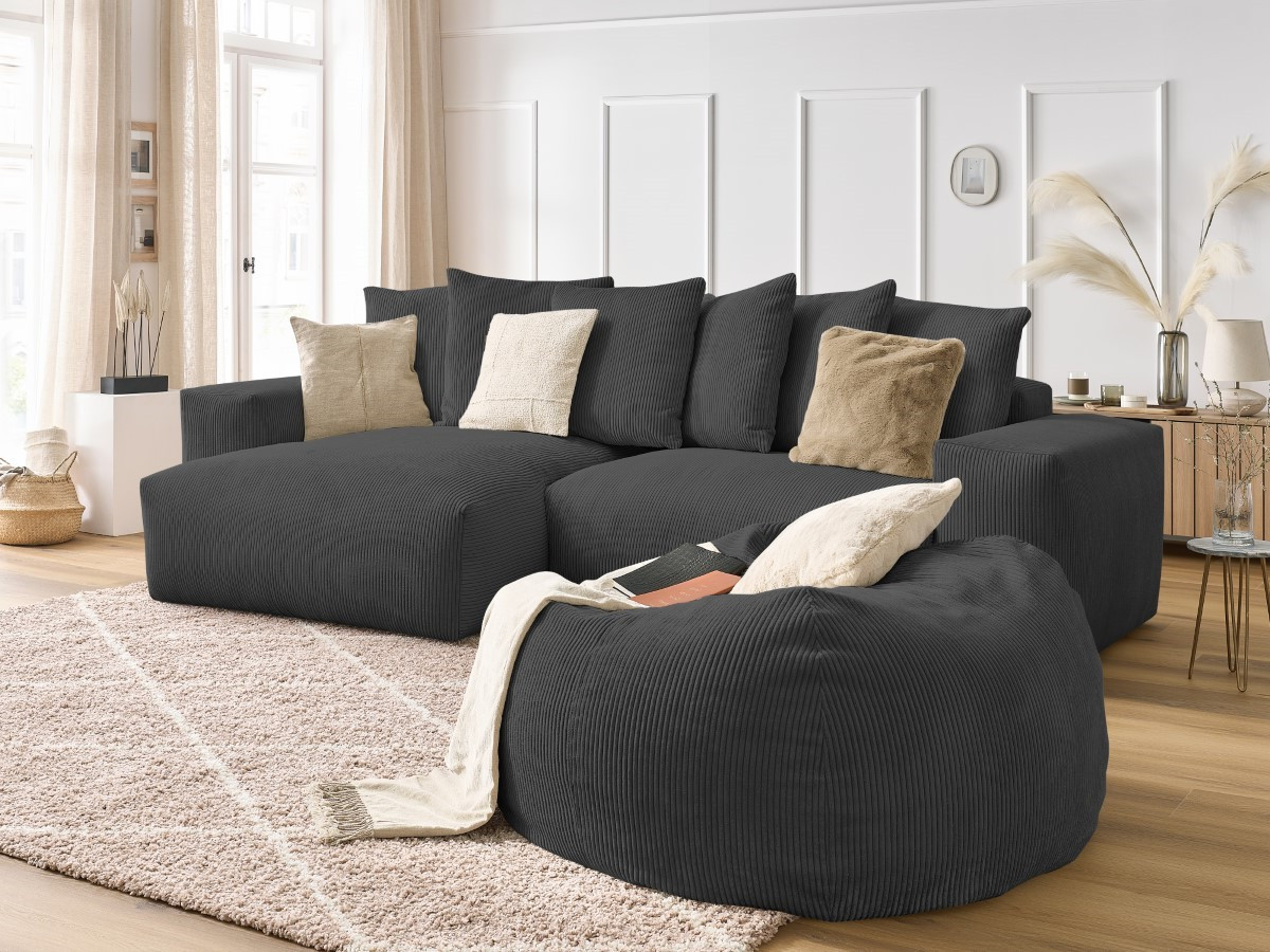 Bobochic Voltaire Ecksofa mit Pouf 310 × 174 cm Cordsamt Dunkelgrau