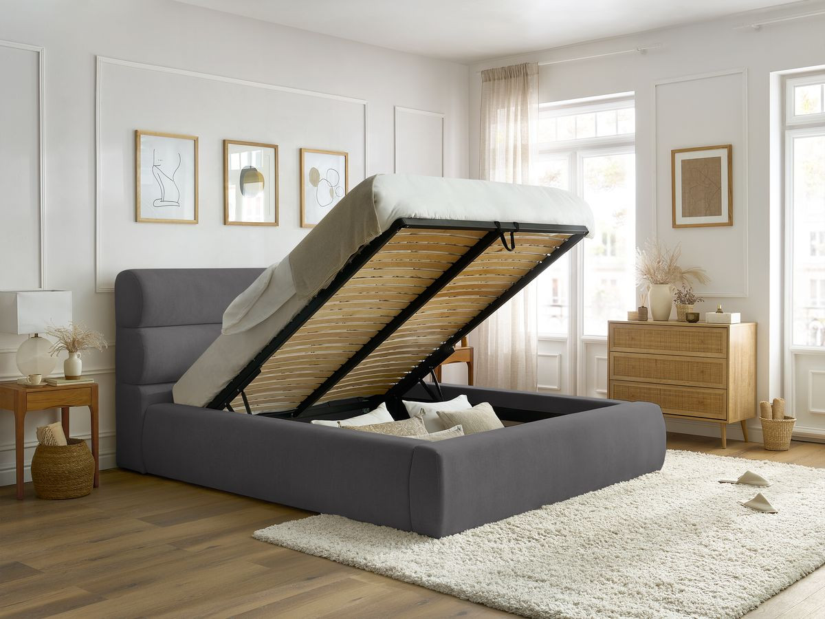 Bobochic Jagna Polsterbett mit Bettkasten Stoff Dunkelgrau, Liegefläche 140 × 190 cm