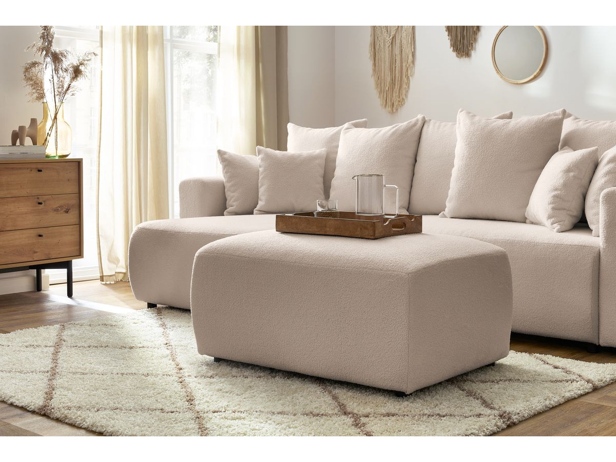 Bobochic Envy Ecksofa mit Schlaffunktion und Bettkasten und rechteckigem Pouf Bouclé-Stoff Beige