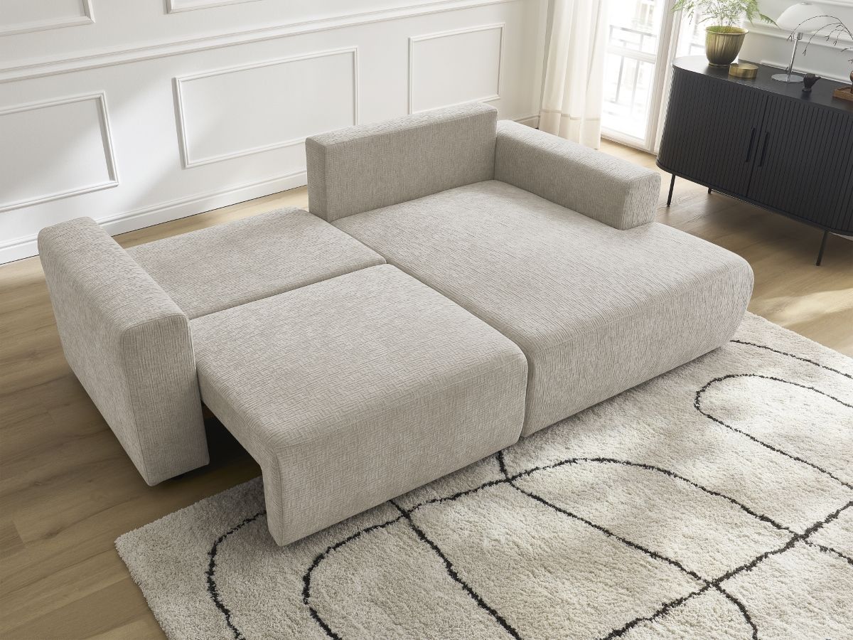 Bobochic Atilla Ecksofa mit Schlaffunktion und Bettkasten Strukturstoff Beige Ecke rechts