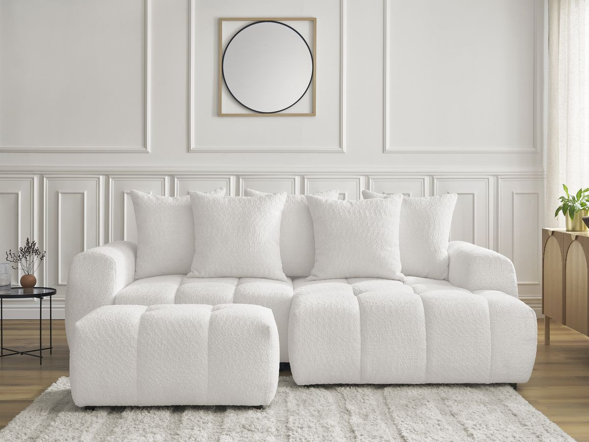 Bobochic Roxelane Ecksofa mit Schlaffunktion und Bettkasten und Pouf 258 × 150 cm Bouclé-Stoff Weiß Ecke rechts