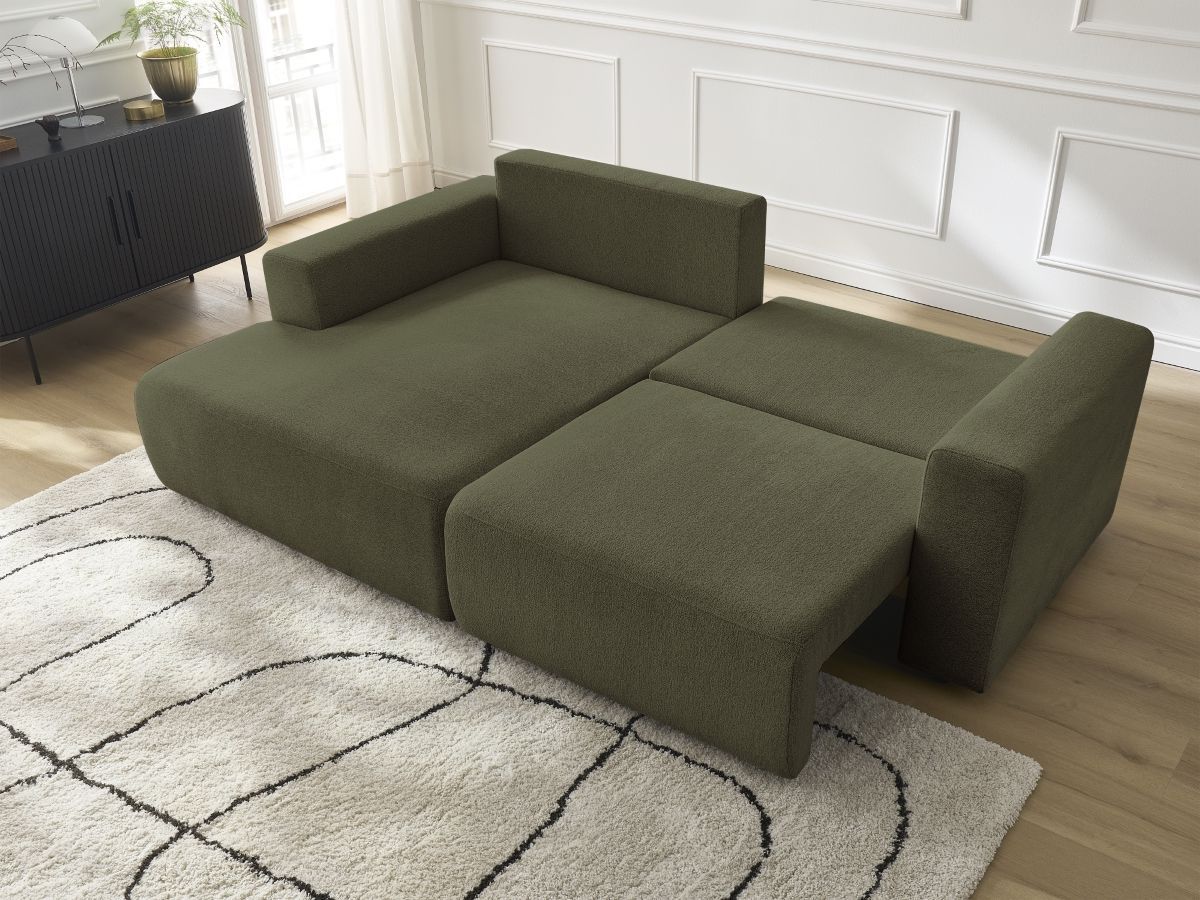 Bobochic Atilla Ecksofa mit Schlaffunktion und Bettkasten Melange-Stoff Grün Ecke links