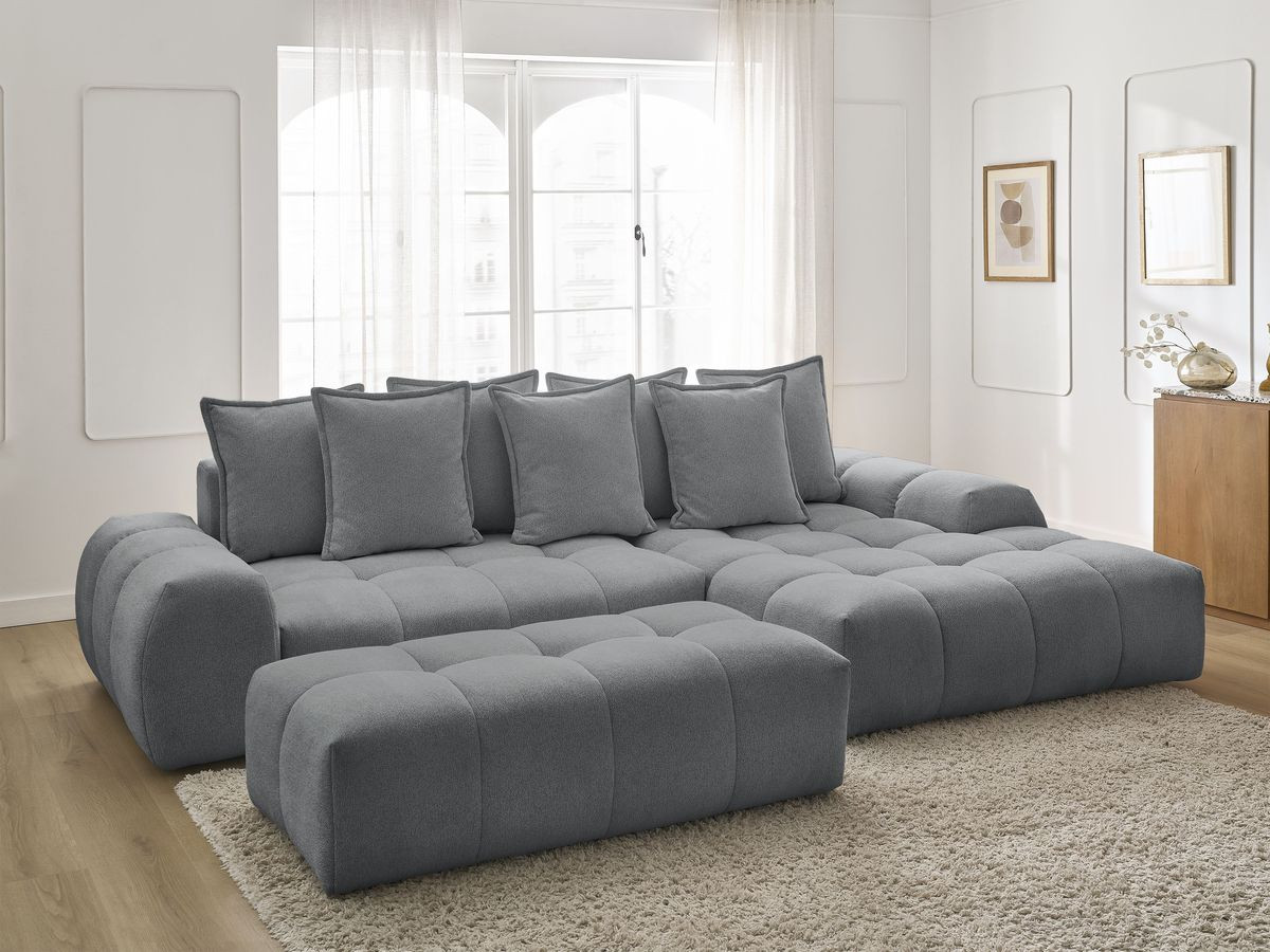 Bobochic Everest Ecksofa mit Schlaffunktion und Bettkasten und Pouf 318 × 180 cm, 7 Kissen Melange-Stoff Dunkelgrau Ecke rechts