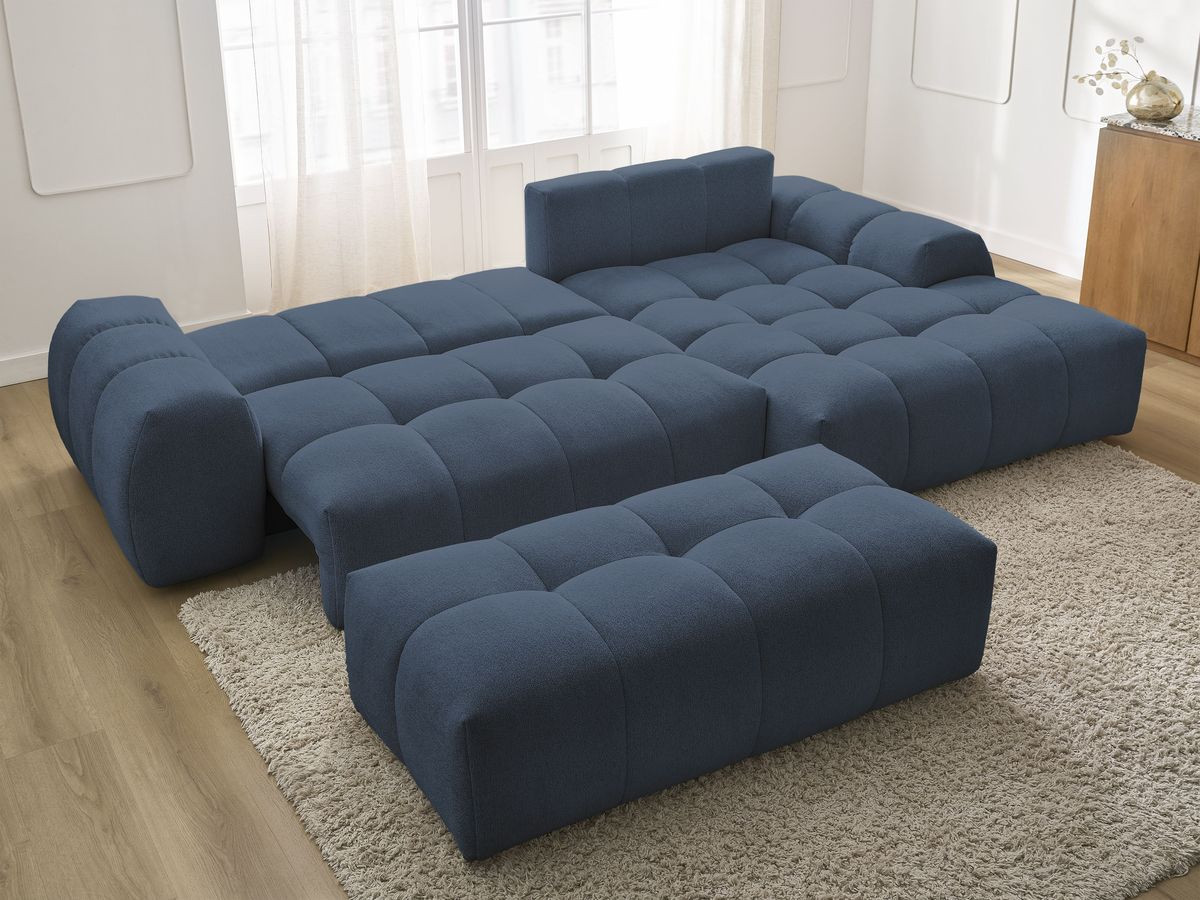 Bobochic Everest Ecksofa mit Schlaffunktion und Bettkasten und Pouf 318 × 180 cm, 7 Kissen Melange-Stoff Dunkelblau Ecke rechts
