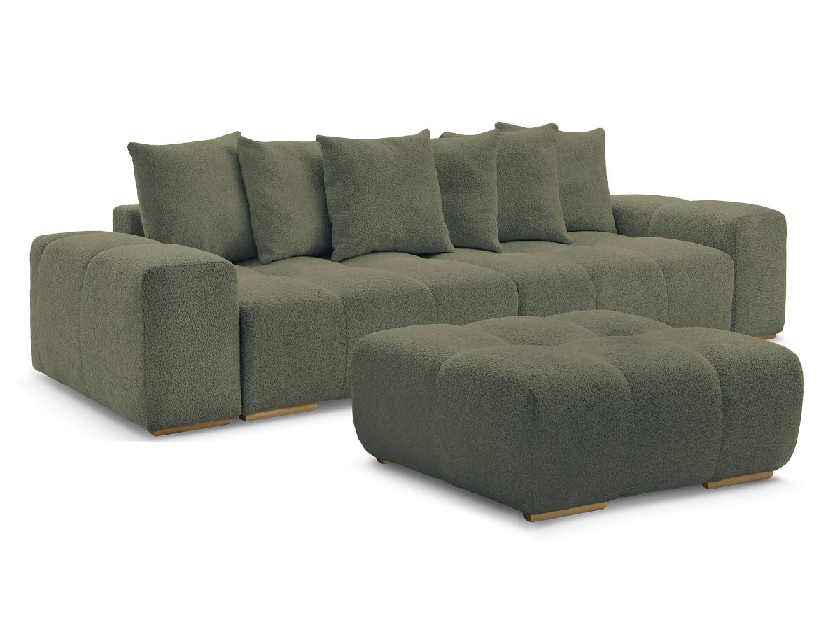 Bobochic Anakin Schlafsofa 3-Sitzer mit Bettkasten und Pouf, 6 Kissen Bouclé-Stoff Grün