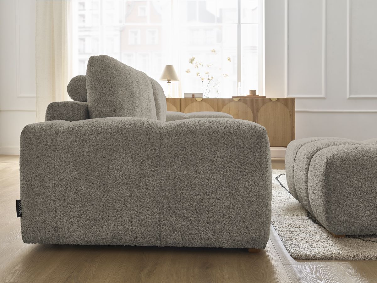 Bobochic Anakin Sofa 3-Sitzer mit Pouf, 2 Kissen Bouclé-Stoff Taupe