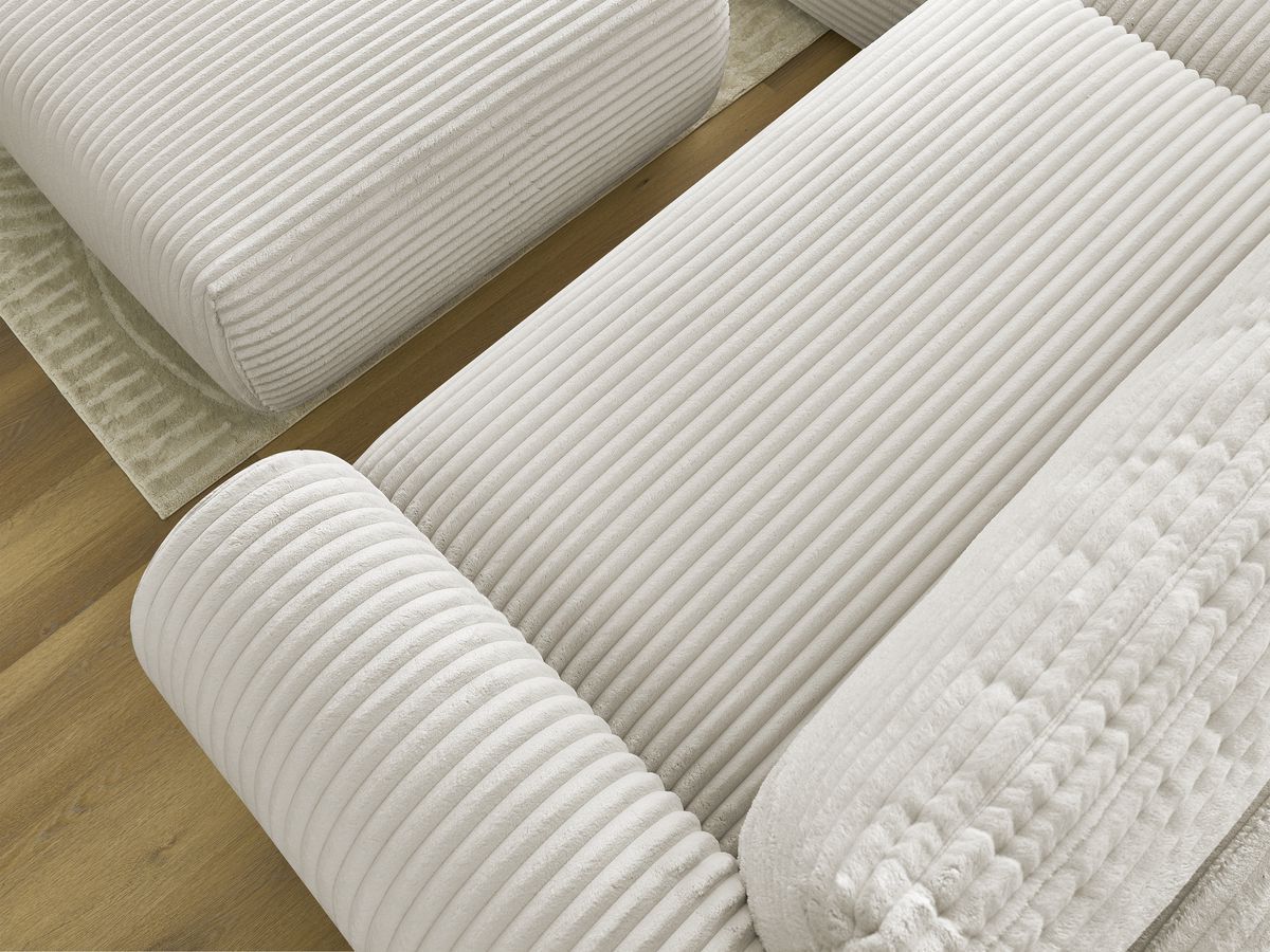 Bobochic Lucien Ecksofa mit Schlaffunktion und Bettkasten und Pouf 314 × 167 cm Breitcord weich Beige Ecke links