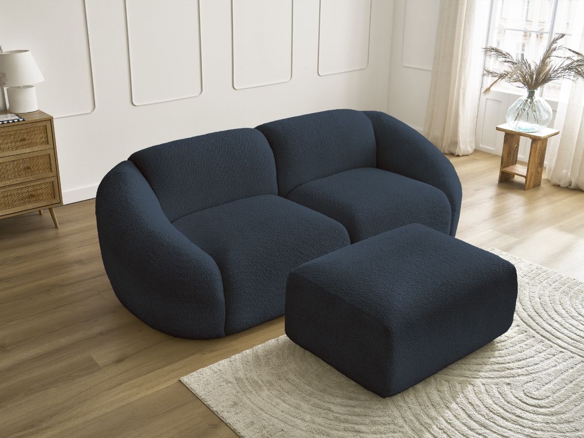 Bobochic Tina Sofa 3-Sitzer mit Pouf Bouclé-Stoff Dunkelblau