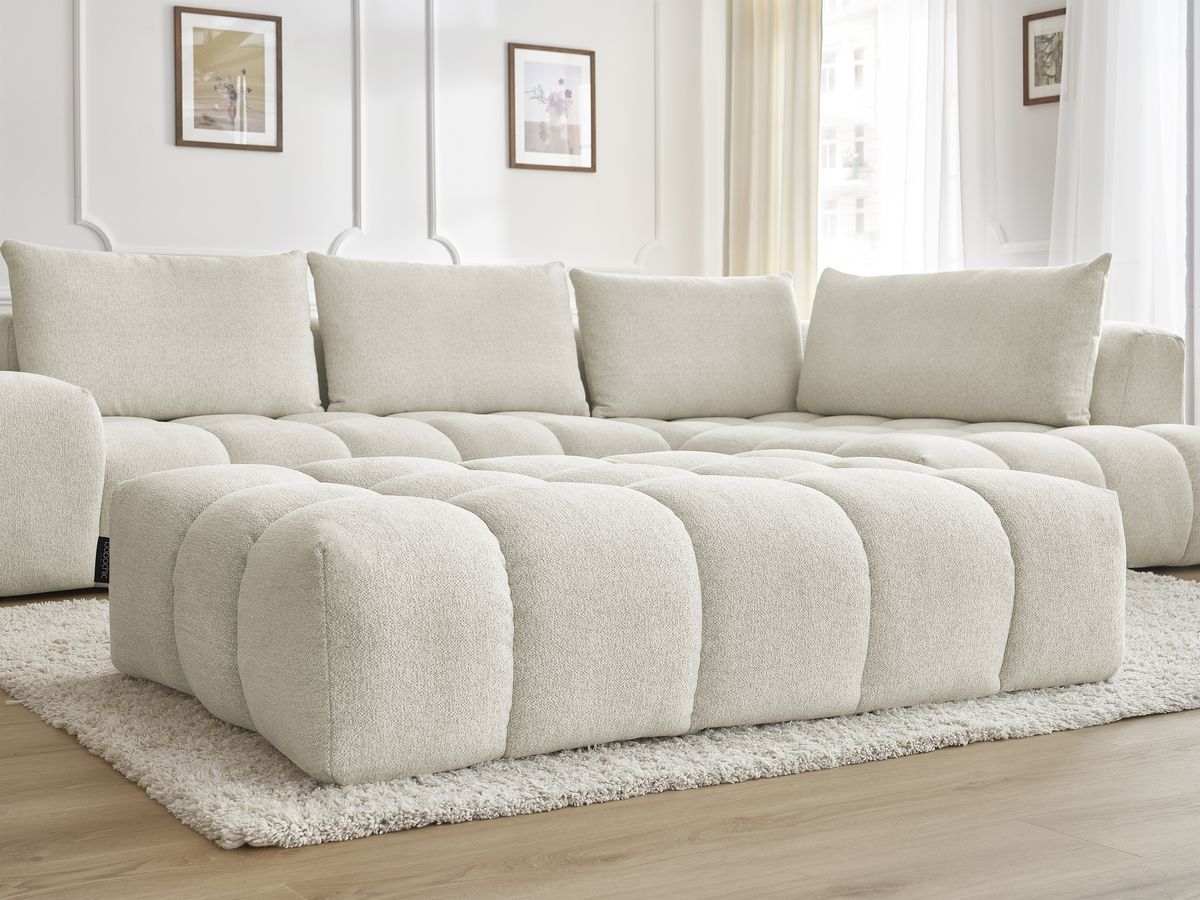 Bobochic Everest Ecksofa mit Schlaffunktion und Pouf, 4 Kissen Melange-Stoff Weiß Ecke rechts