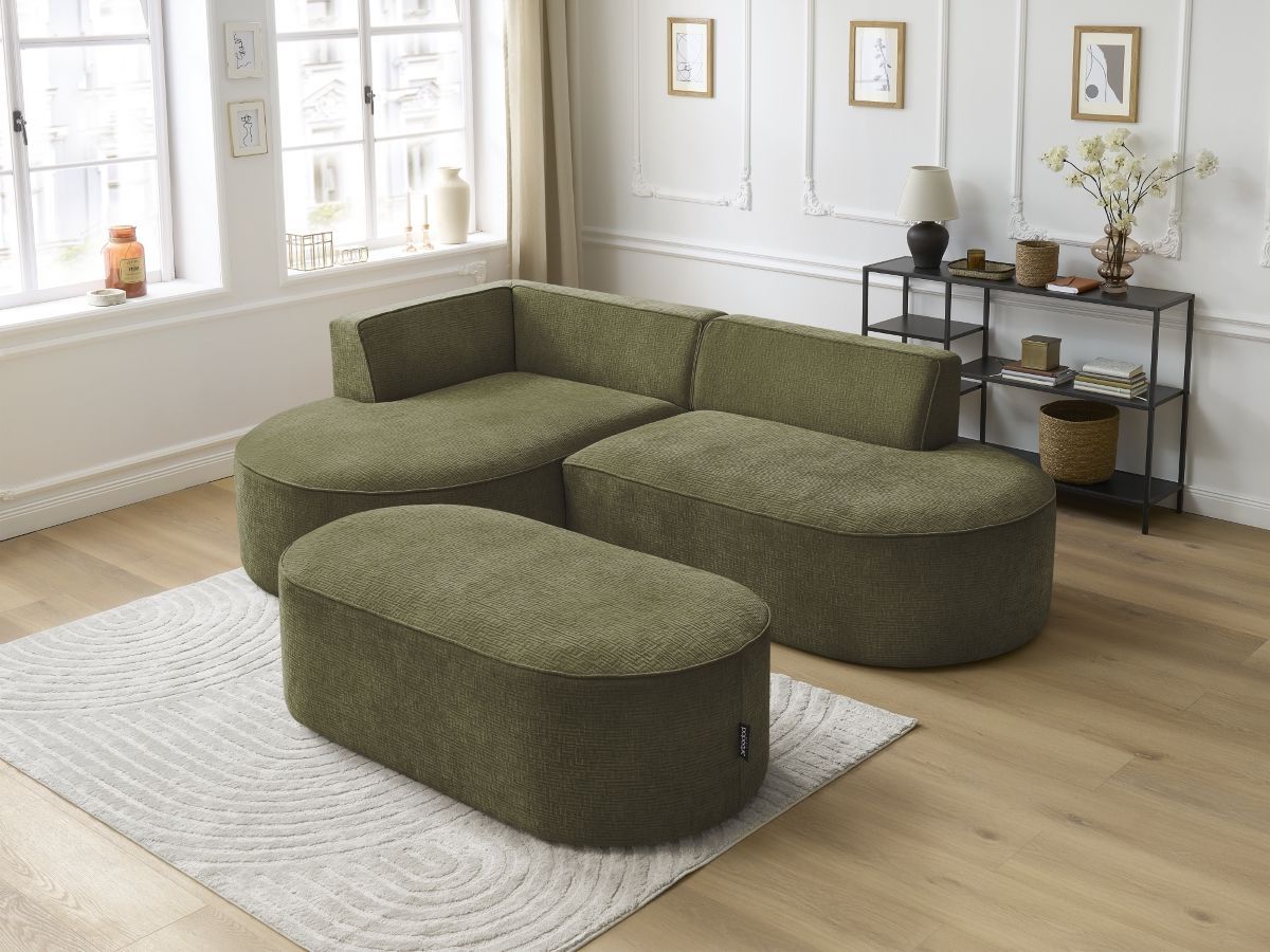 Bobochic Rousseau Ecksofa mit Pouf Strukturstoff Grün Ecke links