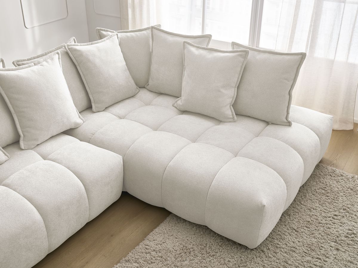 Bobochic Everest Ecksofa mit Schlaffunktion und Bettkasten 320 × 212 cm, 10 Kissen Strukturstoff Weiß Ecke rechts